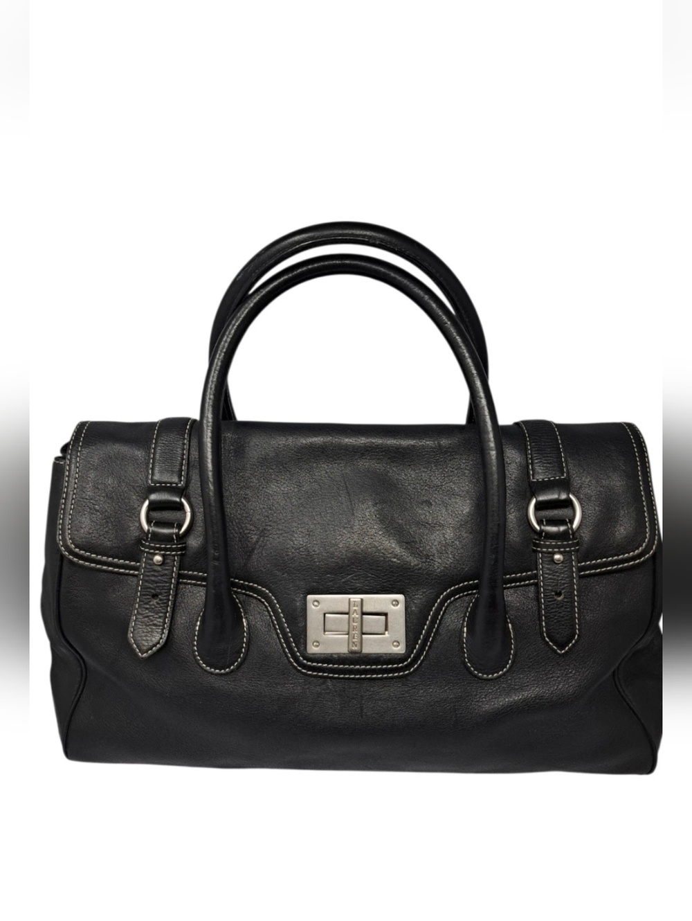 Lauren Ralph Lauren Vintage Satchel Bag with Black Buckle Turn Lock Doctor Bag.